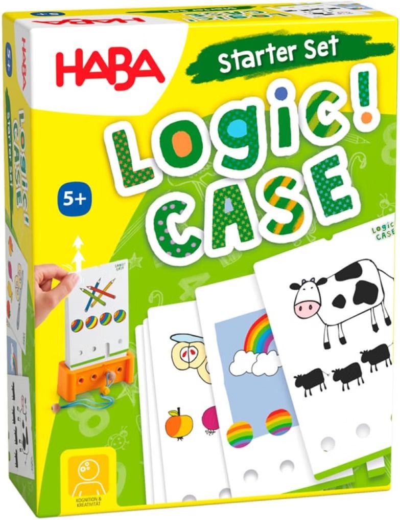 Verpackung des HABA Logic! CASE Starter Sets ab 5 Jahren mit Rätselbox, Holzstift und Aufgabenkarten mit Kuh-, Obst- und Regenbogenmotiven