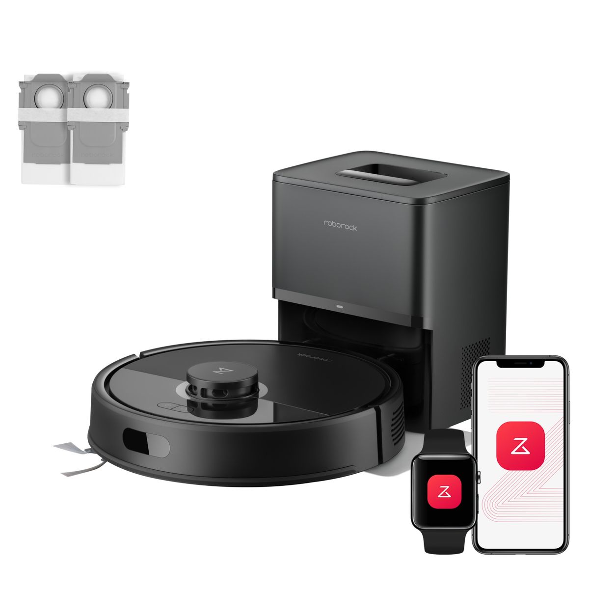 Schwarzer Roborock Q7 L5+ vor seiner Auto-Entleerungsstation, daneben zwei Staubbeutel sowie Smartphone und Smartwatch mit Roborock-App.