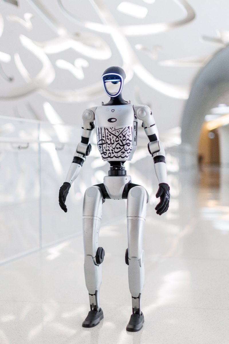 Weiß-schwarzer humanoider Roboter von Unitree mit arabischer Kalligrafie auf dem Oberkörper steht in einem hellen, geschwungenen Innenraum