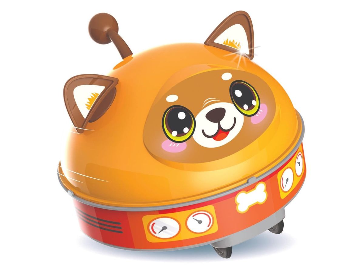 Montierter Q.Botz-Welpenroboter: orangefarbene Kuppel mit Hundegesicht, braunen Ohren und Antenne auf orangerotem Fahrgestell mit Knochen- und Anzeigen-Aufklebern.