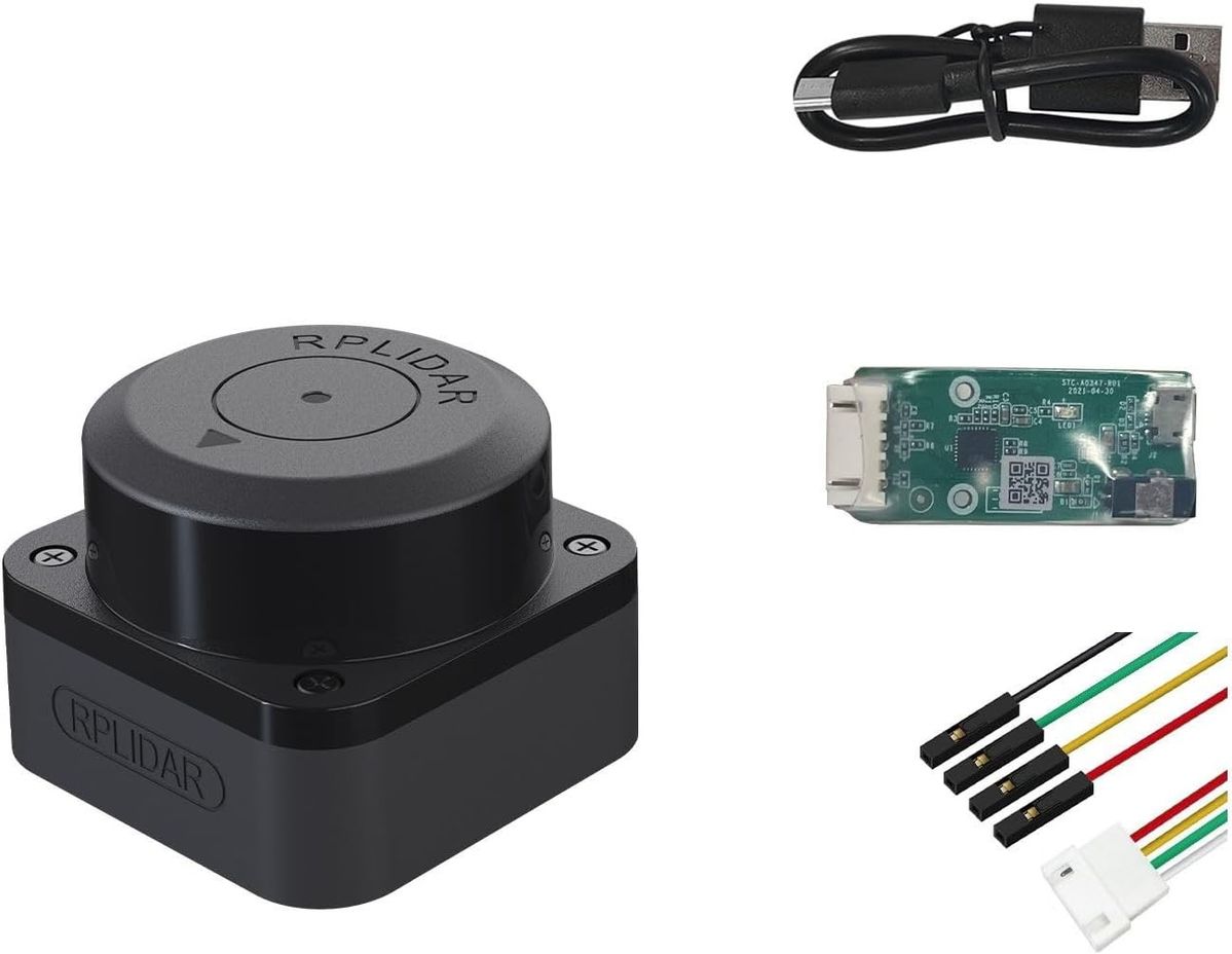 Schwarzer Lidar-Sensor RPLIDAR C1 mit rundem Scankopf neben Micro-USB-Kabel, grüner USB-Adapterplatine und Dupont-Kabel.