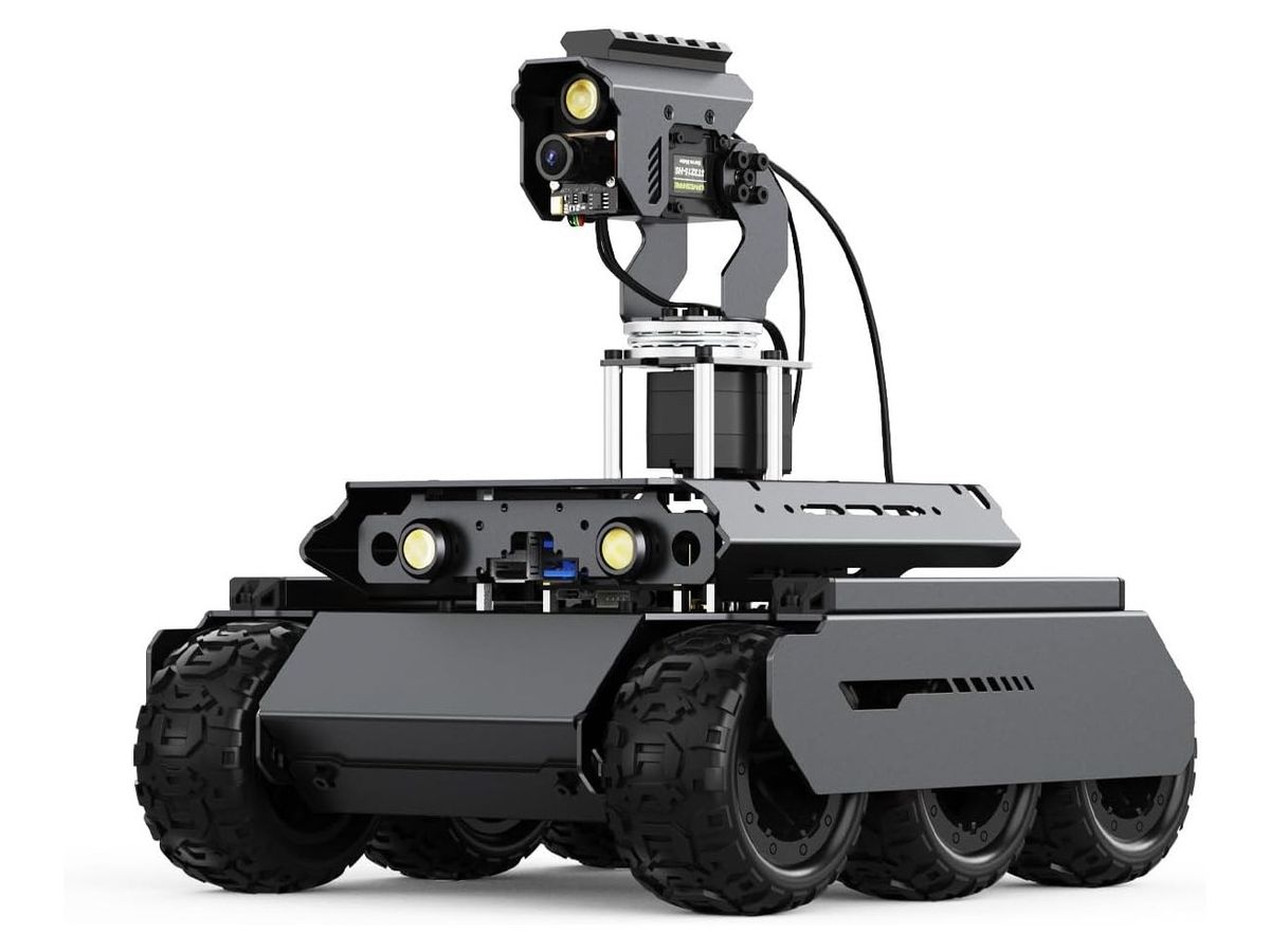 Dunkelgraues sechsrädriges Roboterfahrzeug aus Metall mit zwei Frontscheinwerfern und Schwenk-Neige-Kopf mit Kamera und Lampe, freigestellt.