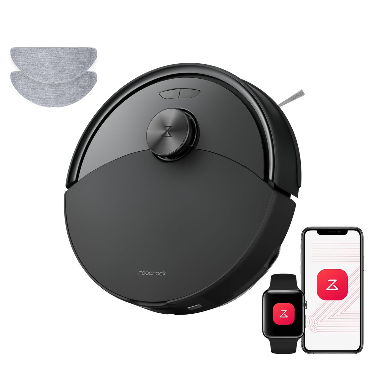 Schwarzer Roborock Q10 S5 Saugroboter von oben, daneben zwei zusätzliche Wischtücher des Sets sowie Smartphone und Smartwatch mit Roborock-App.