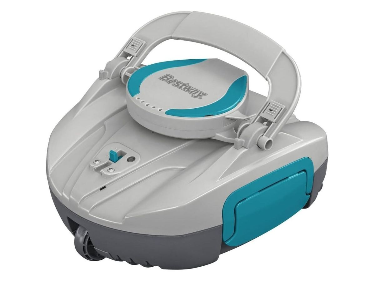 Hellgrauer Poolroboter Bestway AquaTronix G100 mit Tragebügel und türkisen Akzenten, schräg von vorn.