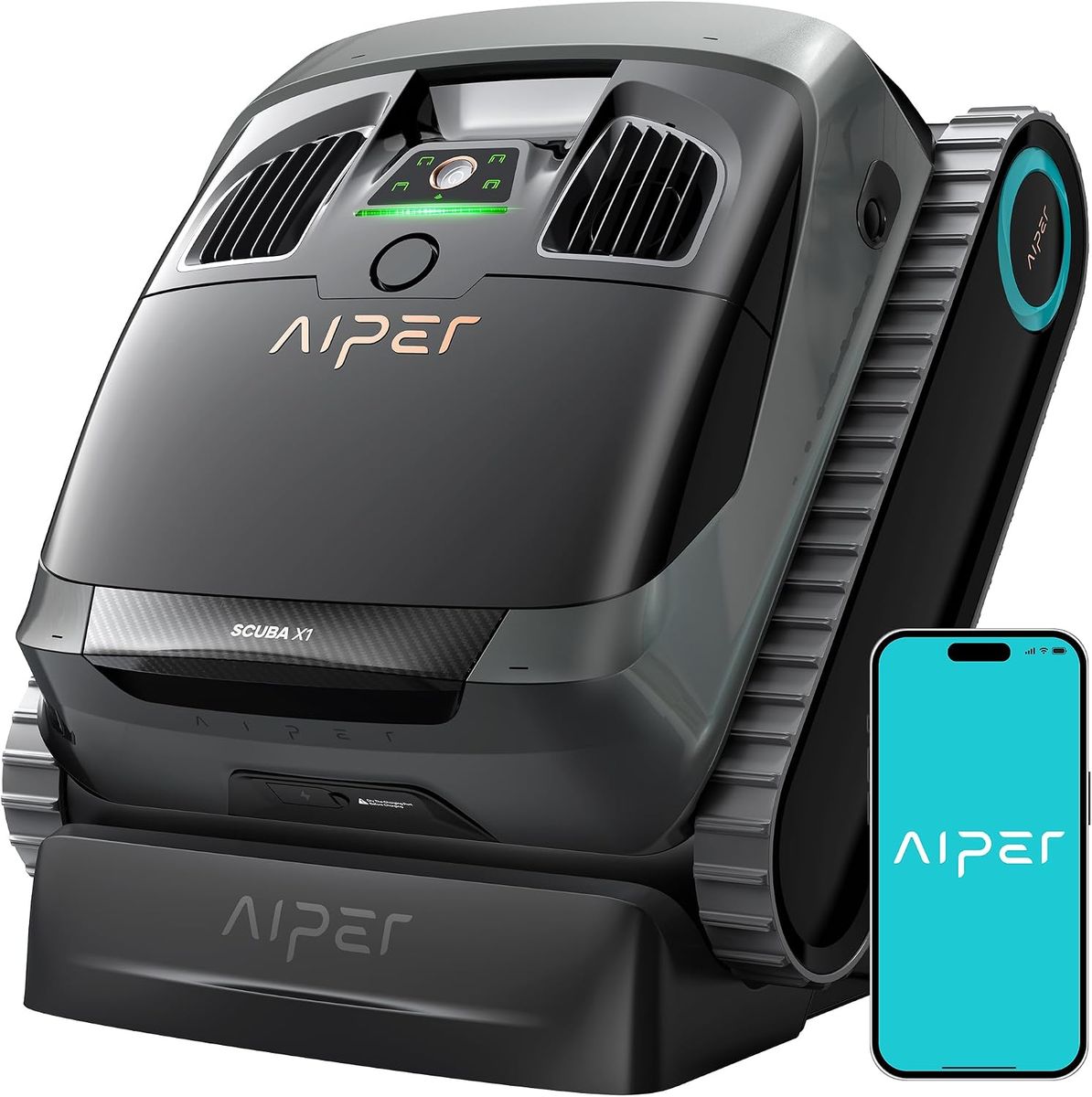 Dunkelgrauer Aiper Scuba X1 steht aufrecht in seiner schwarzen Ladestation, rechts daneben ein Smartphone mit Aiper-Logo.