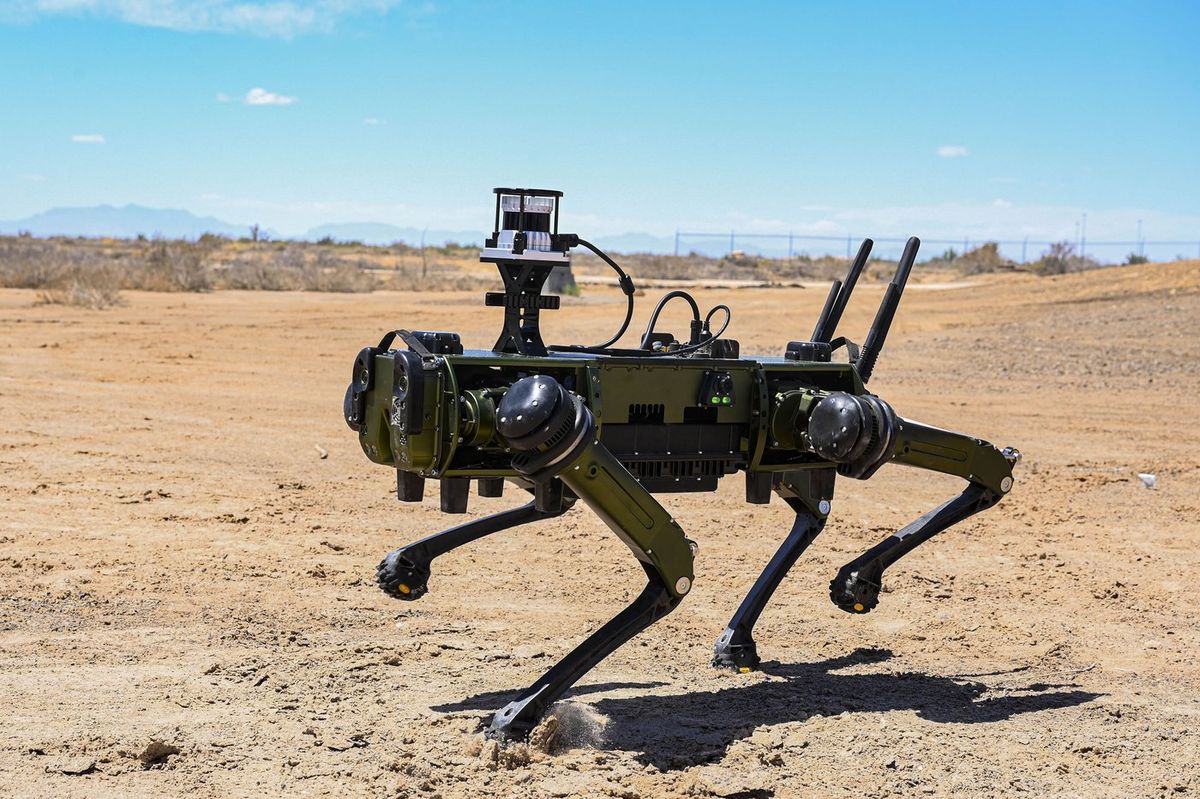 Olivgrüner vierbeiniger Roboter mit Sensorkopf, Antennen und Kameraaufbau läuft über trockenen, sandigen Boden, im Hintergrund ein Zaun, Büsche und Berge unter blauem Himmel