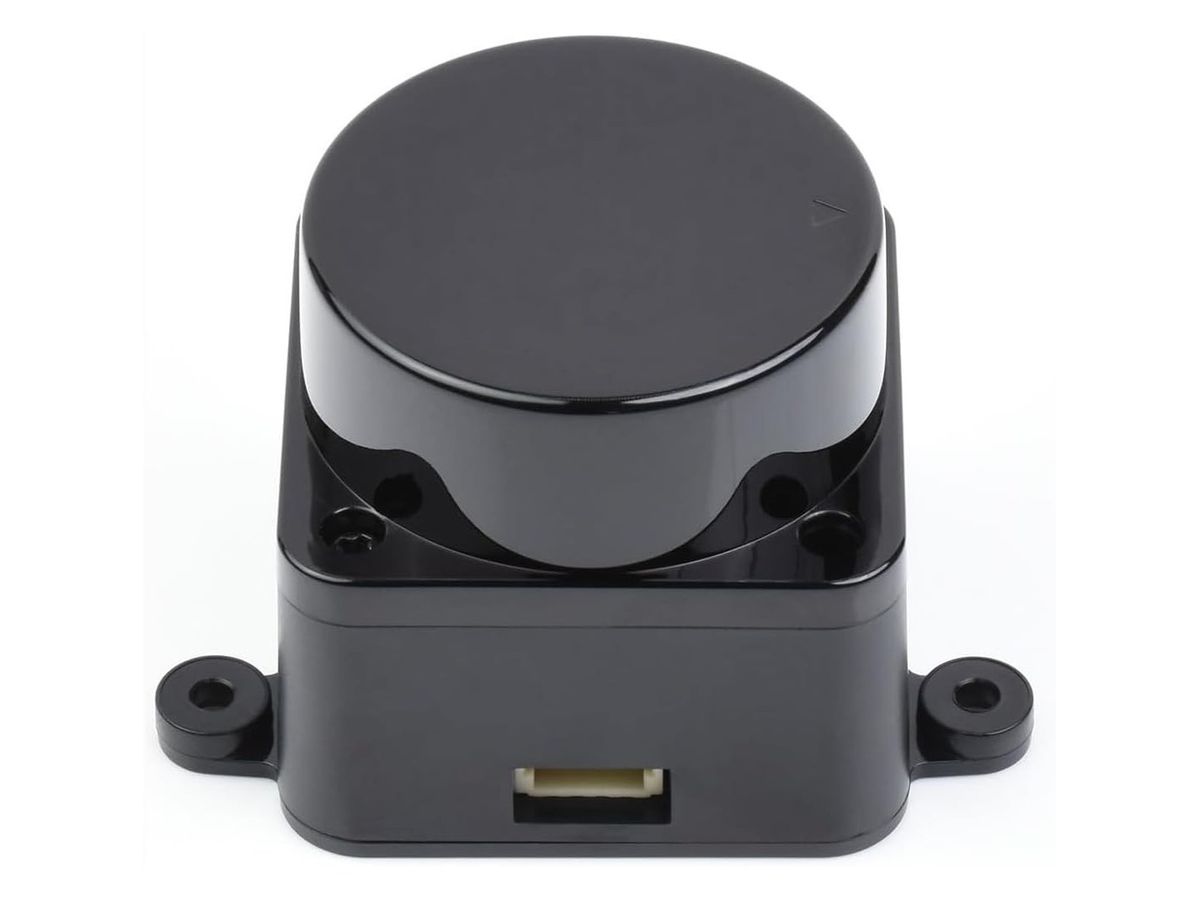 Schwarzer LiDAR-Sensor mit runder Drehkuppel auf quadratischem Sockel mit zwei Befestigungslaschen und Steckanschluss vorn.
