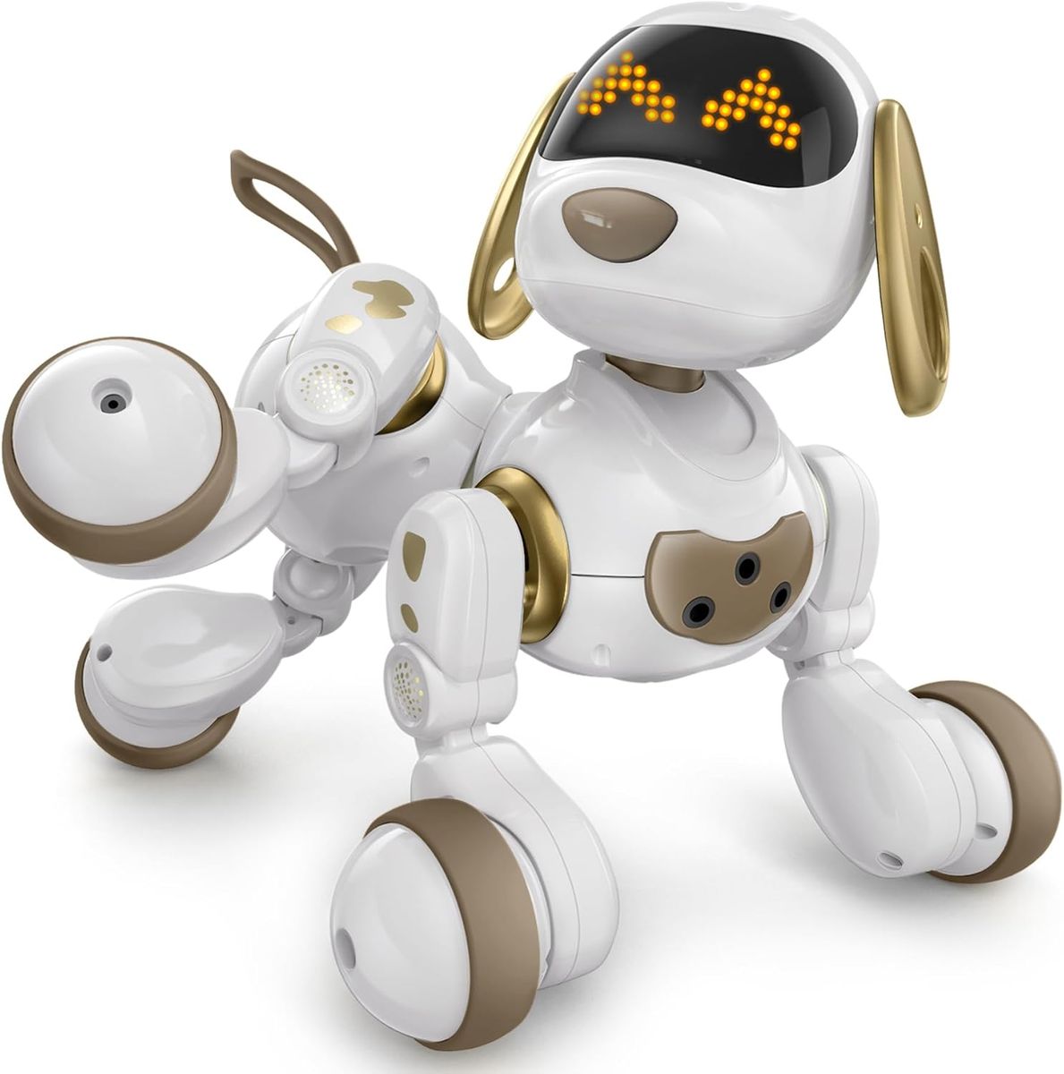 Roboterhund Ruko 18011 in Weiß-Gold, freigestellt mit orange leuchtenden LED-Augen