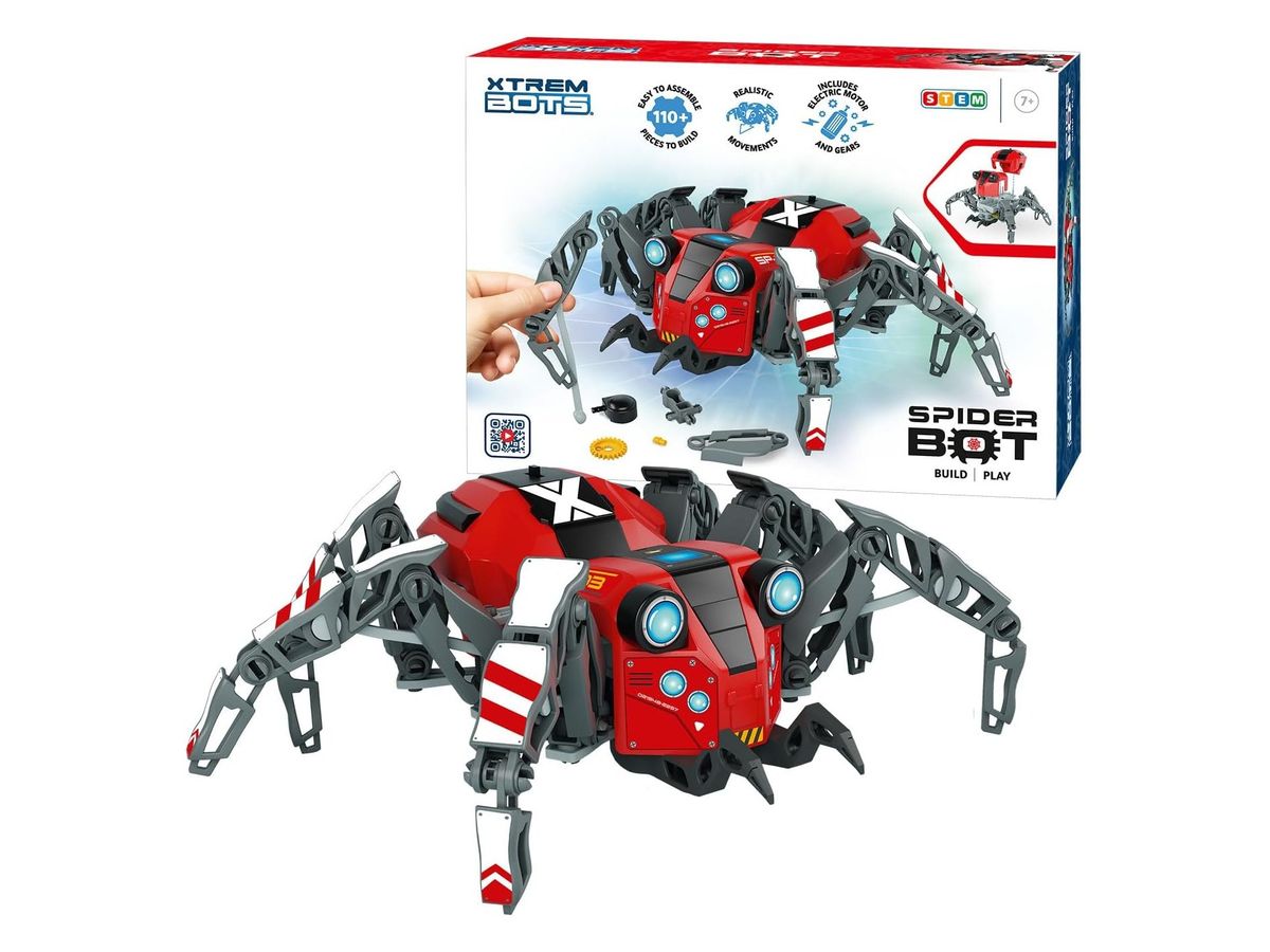 Rot-graue Roboterspinne Spider Bot mit sechs Beinen vor ihrer Verpackung mit Altersangabe 7+