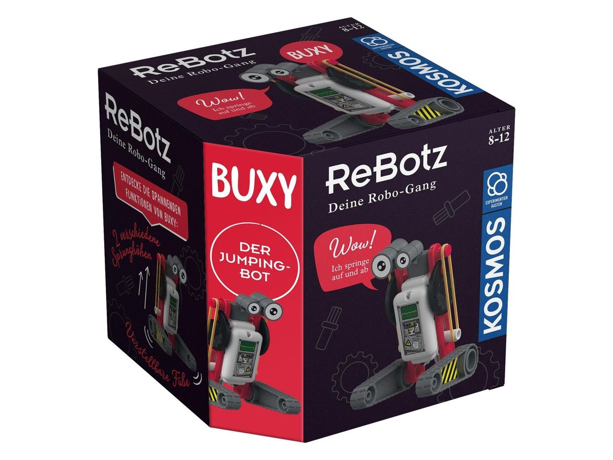 Würfelförmige Verpackung von ReBotz Buxy mit rot-weißem Springroboter auf grauen Kettenfüßen.