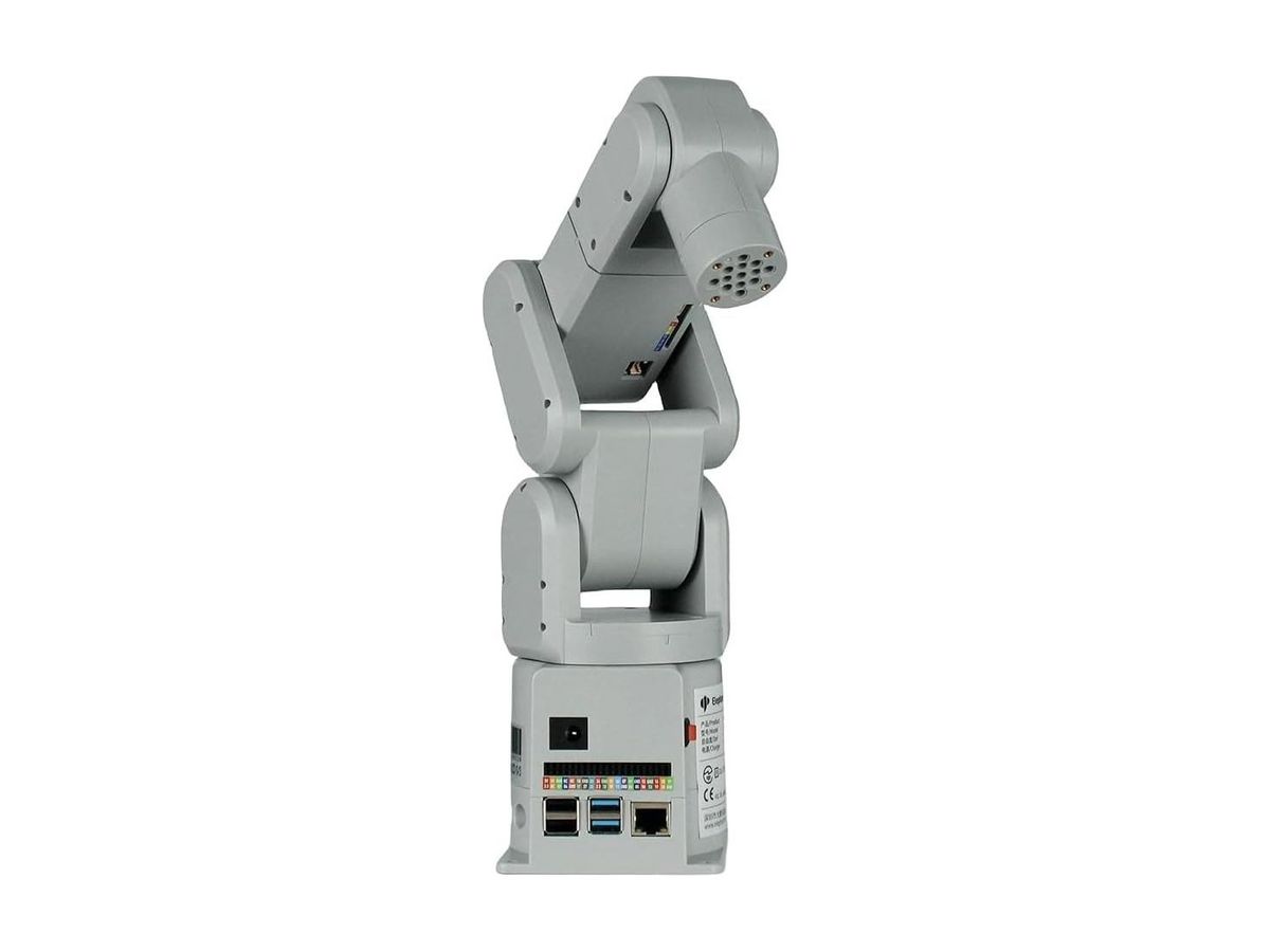 Grauer sechsachsiger Roboterarm mechArm 270 Pi von hinten mit Netzbuchse, farbiger GPIO-Leiste, USB- und LAN-Anschlüssen im Sockel.
