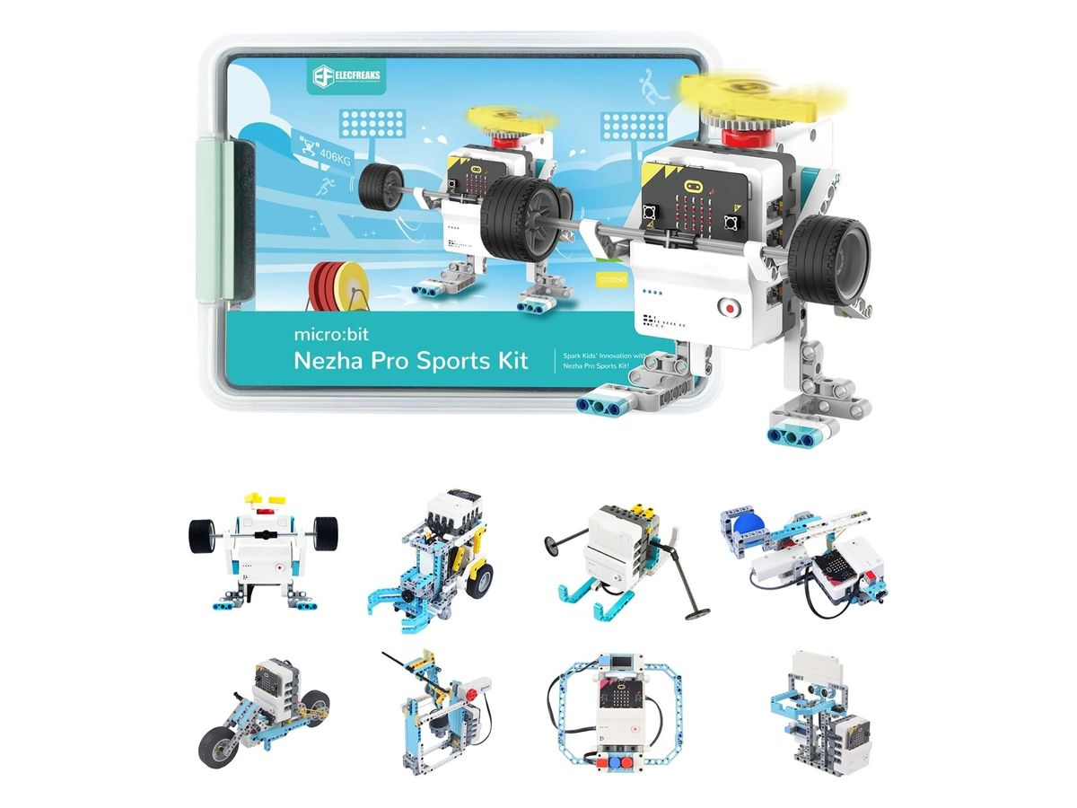 Aufbewahrungsbox des Nezha Pro Sports Kit mit einem gebauten Gewichtheber-Roboter davor und acht weiteren Sportmodellen darunter