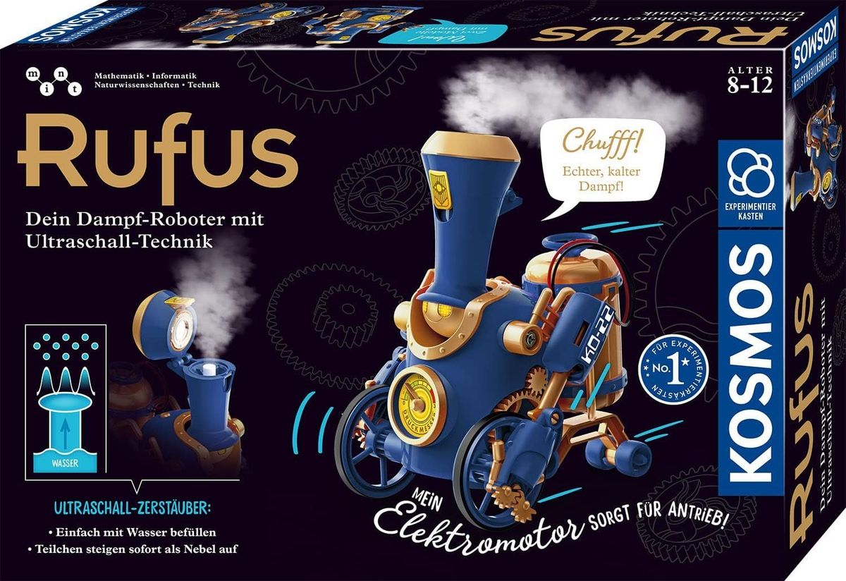 Verpackung von KOSMOS Rufus mit blau-goldenem Dampfroboter auf Rädern, aus dessen Schornstein Nebel steigt.