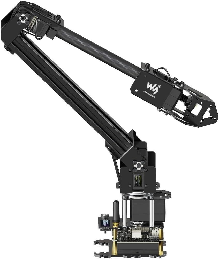 Schwarzer vierachsiger Roboterarm RoArm-M2-S mit Kohlefaser-Oberarm, Greifer und ESP32-Steuerplatine mit Antenne an der Basis.