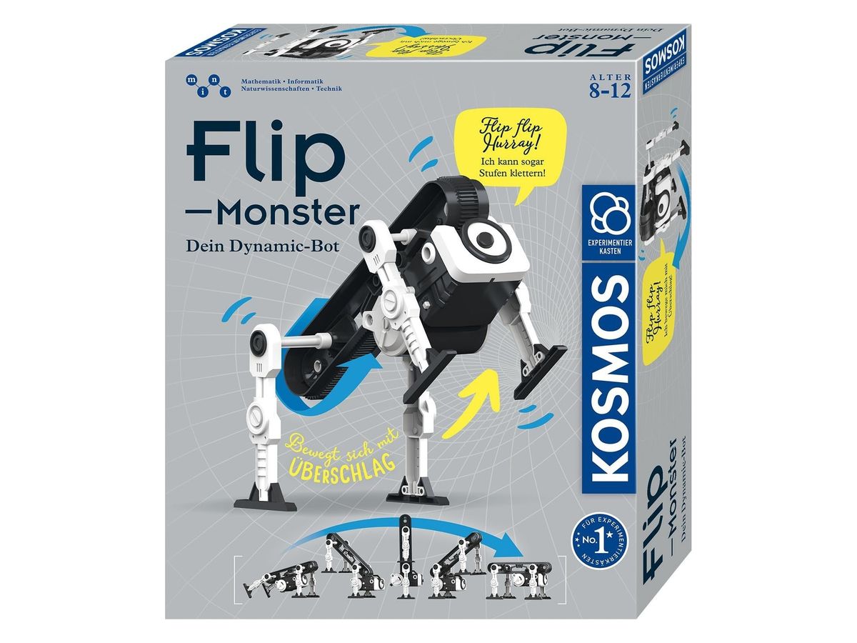 Verpackung des KOSMOS Flip Monster mit schwarz-weißem vierbeinigem Überschlag-Roboter auf grauem Grund.