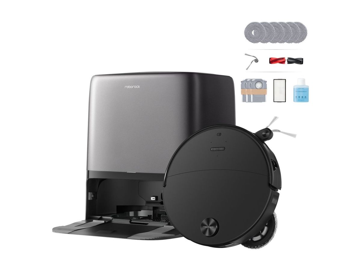 Schwarzer Roborock Saros 20 Neo vor seiner Dockingstation, daneben Ersatz-Wischtücher, Bürsten, Staubbeutel, Filter und Reinigungslösung.