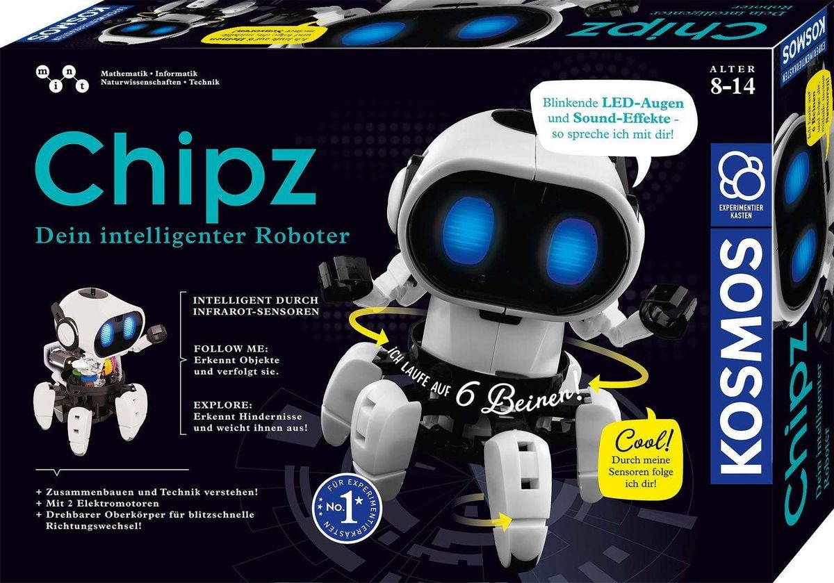 Verpackung des KOSMOS Chipz mit dem sechsbeinigen Roboter und leuchtenden LED-Augen