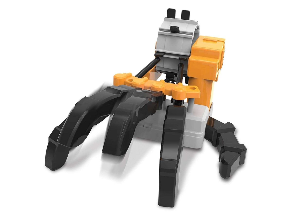 Montierte motorisierte Roboterhand mit fünf schwarzen Fingern, orangefarbenem Motorgehäuse und grauem Handgelenk.