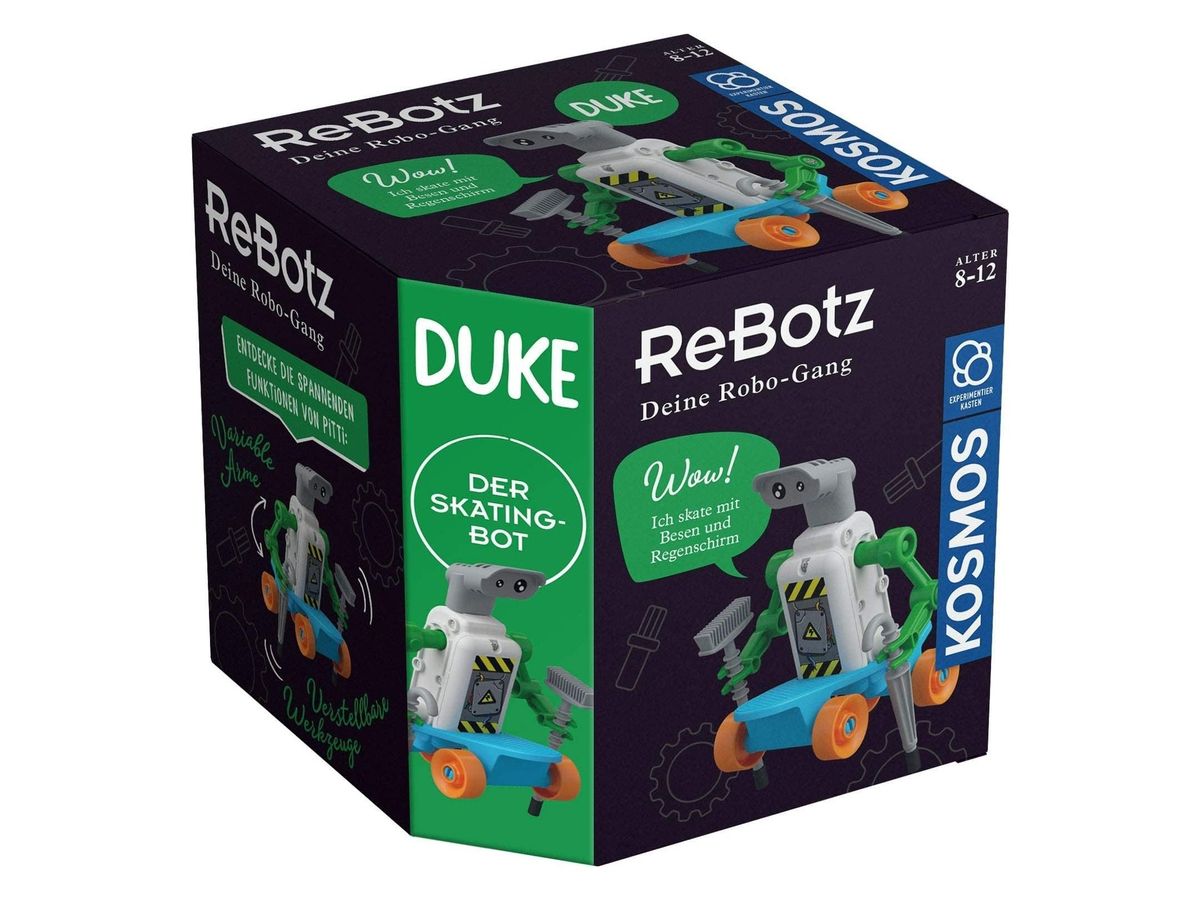 Würfelförmige Verpackung von ReBotz Duke mit Skateboard-Roboter mit Besen und Regenschirm.