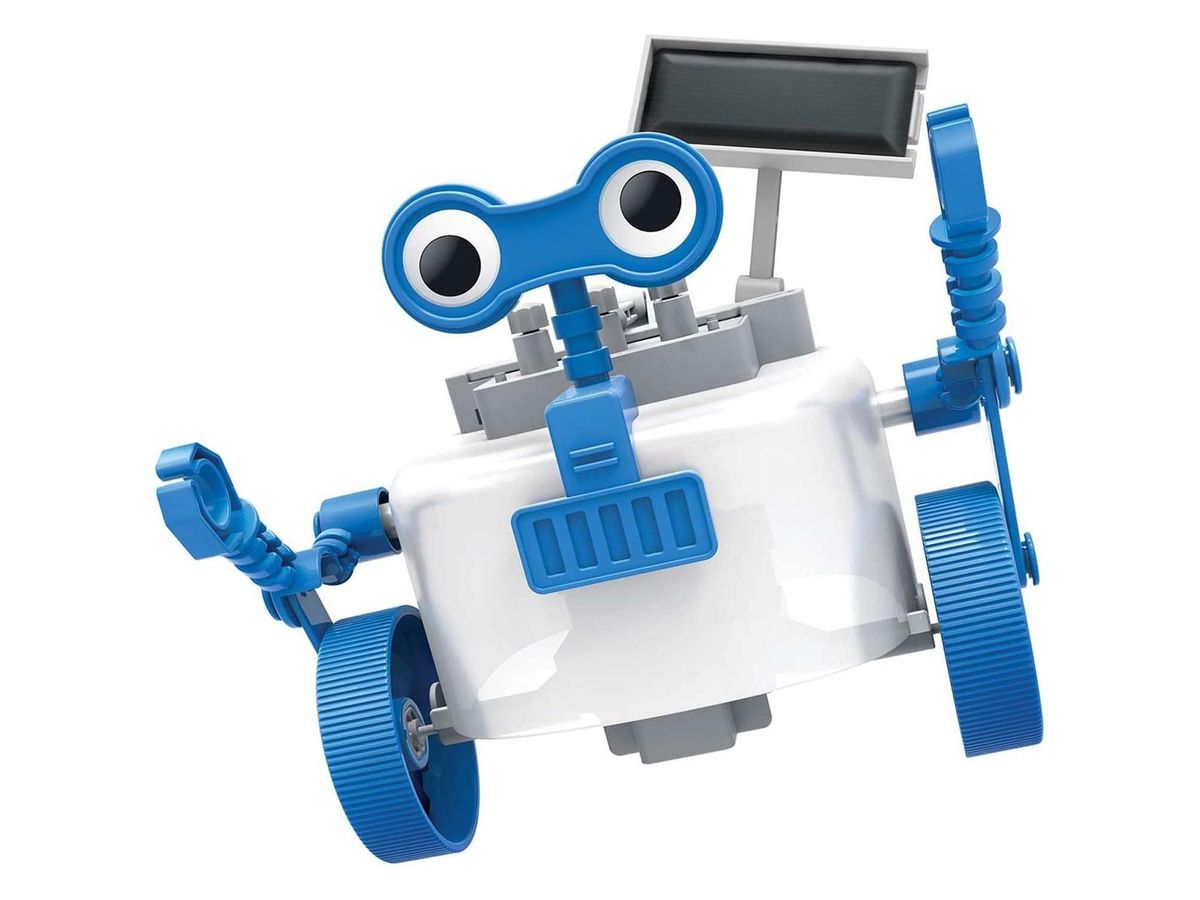 Montierter Rover Robot: weißer Körper mit blauen Rädern, Greifarmen, großen Kulleraugen und Solarmodul auf einem Halter.