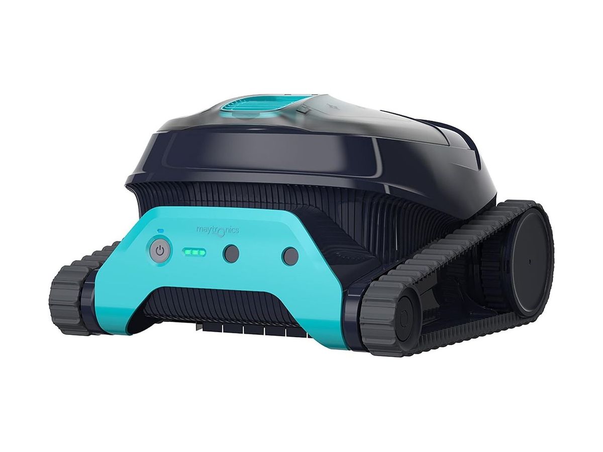 Schwarzer Dolphin Liberty 400 mit Raupenketten und türkisfarbener Blende mit Ein-/Aus-Taste und grünen LED-Anzeigen vor weißem Hintergrund.
