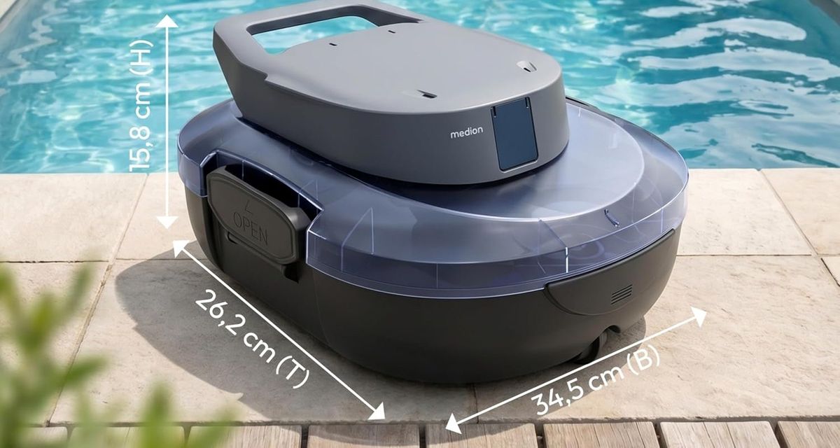 Der MEDION PR1 steht am Rand eines Pools auf Steinplatten, eingezeichnet sind Höhe, Tiefe und Breite.