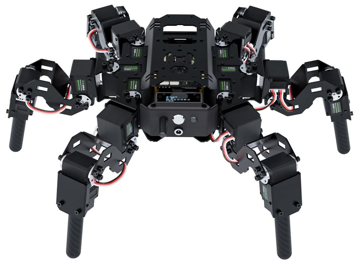 Schwarzer sechsbeiniger Roboter HexArth von vorn mit 18 Servos, Beinen aus Kohlefaserrohr und kleinem OLED-Display am Körper.