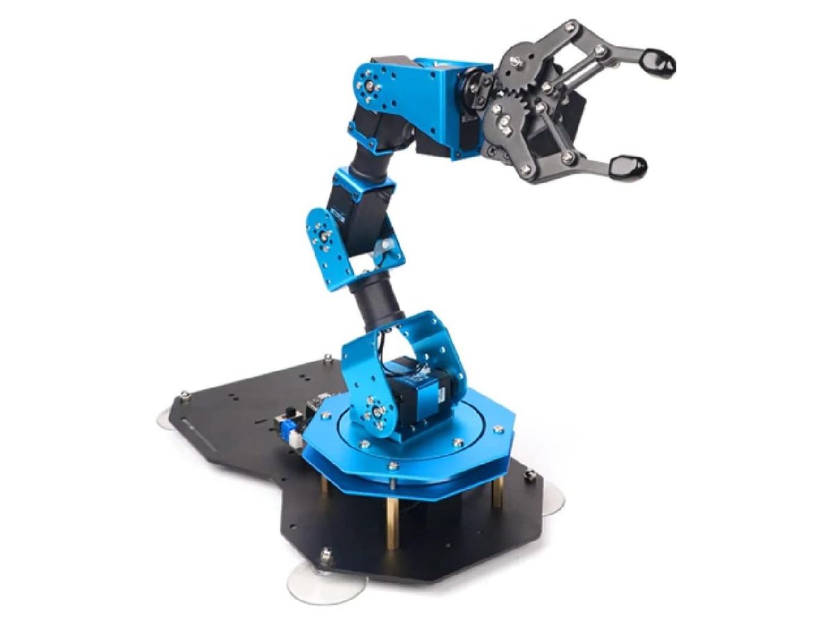 Blau eloxierter Roboterarm mit schwarzem Krallengreifer auf achteckigem Drehteller und schwarzer Grundplatte mit Saugfüßen.