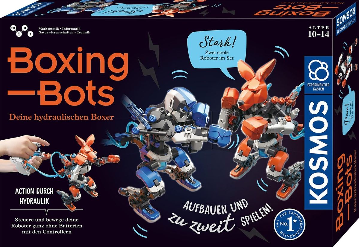 Verpackung des KOSMOS-Bausatzes Boxing Bots mit zwei kämpfenden Robotern, einem blau-weißen und einem orangefarbenen Känguru-Roboter