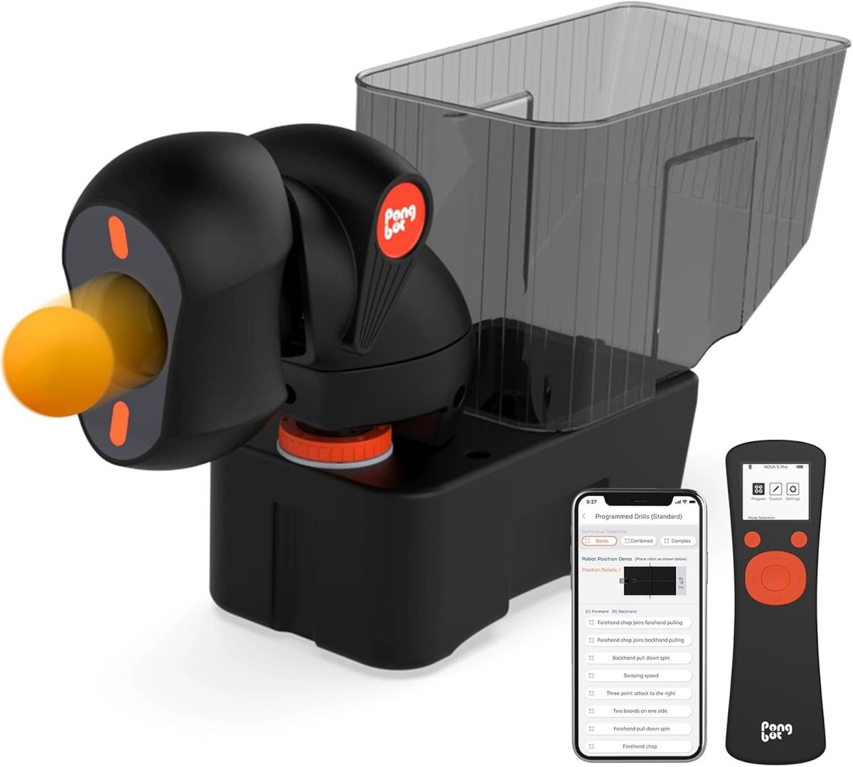 Schwarzer PONGBOT Nova S Pro mit transparentem Ballbehälter, daneben die Fernbedienung N-Control S und ein Smartphone mit der PONGBOT-App.