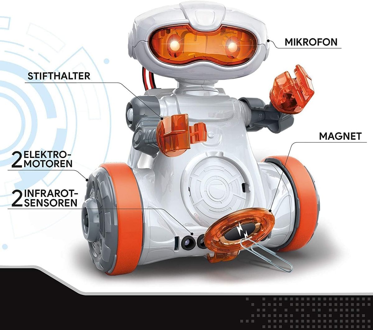 Weiss-oranger Clementoni Mein Roboter MC 5.0 mit beschrifteten Bauteilen wie Mikrofon, Stifthalter, Magnet, zwei Elektromotoren und zwei Infrarotsensoren.