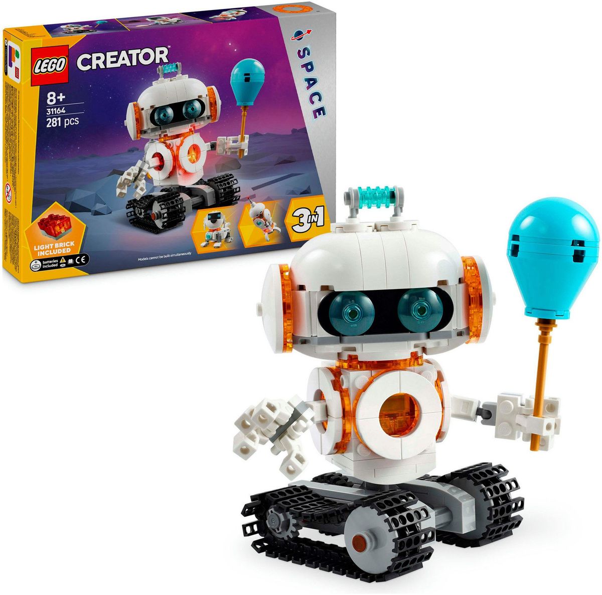 Verpackung des LEGO Creator 3in1 Weltraum-Roboters 31164 und daneben der fertig gebaute weiße Roboter auf schwarzem Kettenlaufwerk mit türkisem Ballon in der Hand
