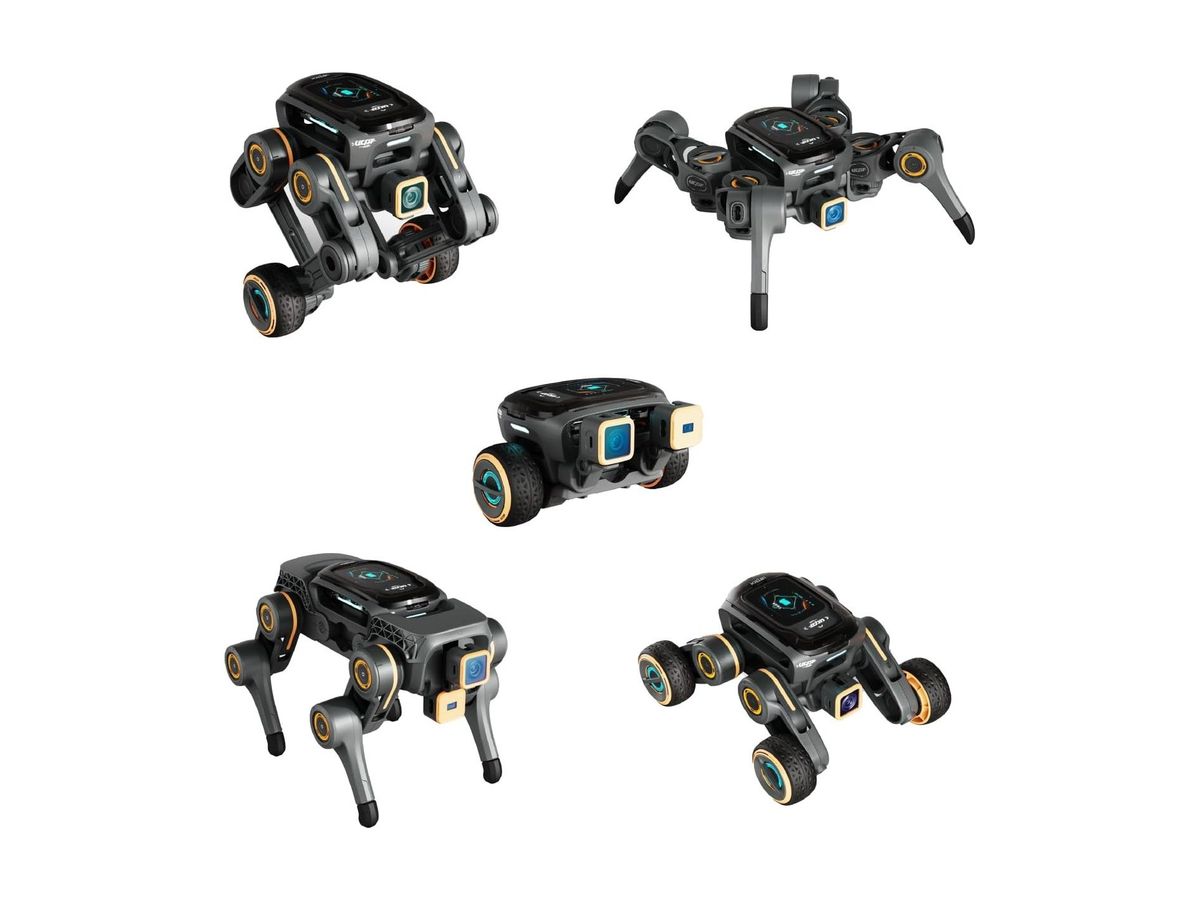 Fünf freigestellte UGOT-Robotermodelle in Schwarz und Orange, darunter Vierbeiner, Spinnenroboter, Radfahrzeug und Rad-Bein-Hybrid.