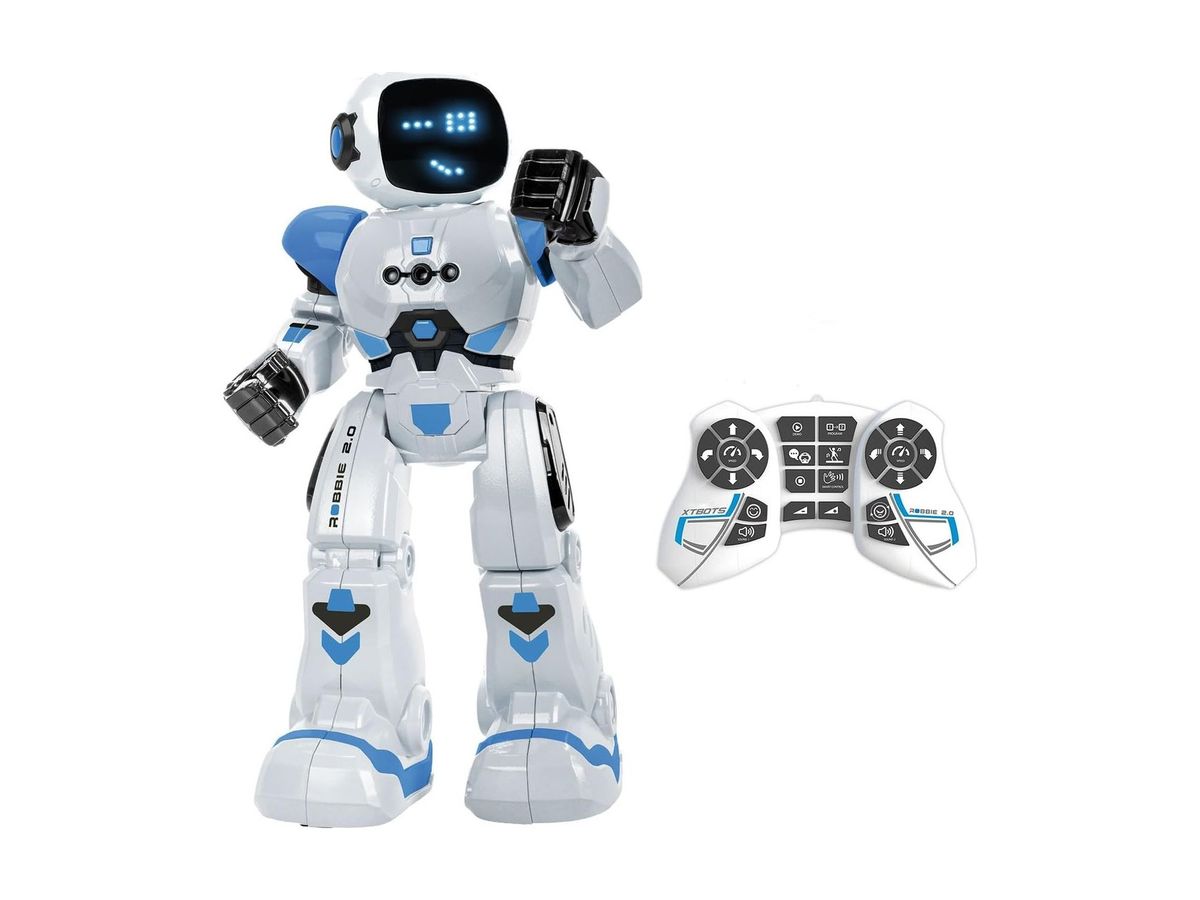 Weiß-blauer Roboter Robbie 2.0 mit LED-Gesicht und schwarzen Händen, daneben die weiße Fernbedienung mit zwei Steuerkreuzen.