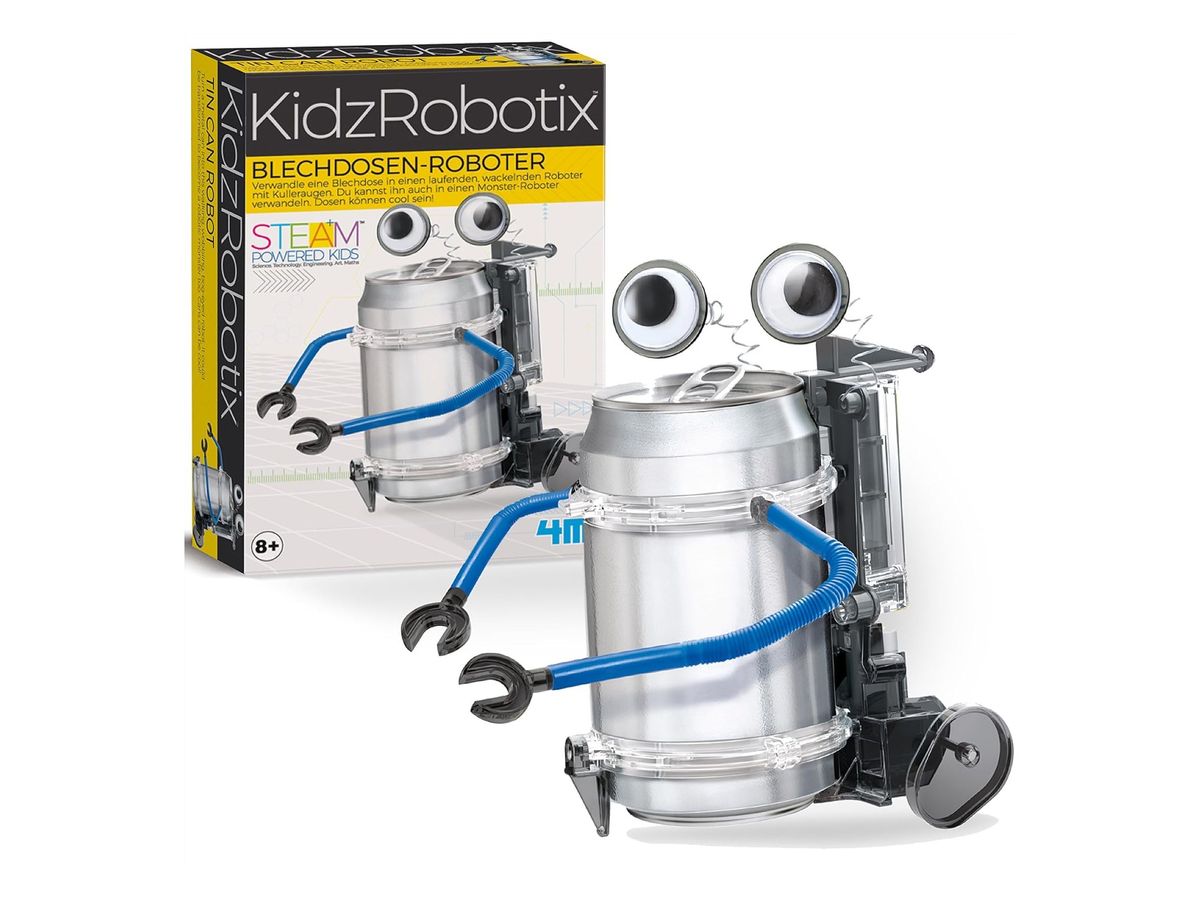 Blechdosen-Roboter aus einer Getränkedose mit blauen Greifarmen, Wackelaugen an Federn und schwarzem Fahrwerk vor der deutschen KidzRobotix-Verpackung.