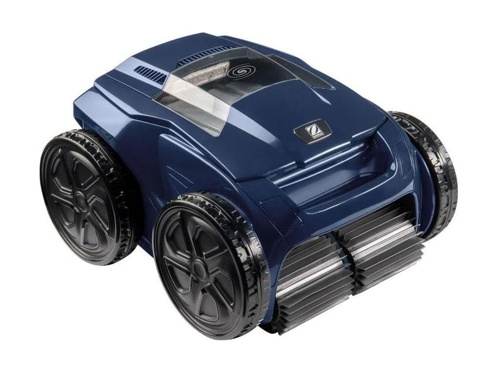 Der dunkelblaue Poolroboter mit vier grossen schwarzen Raedern und zwei Lamellenbuersten schraeg von vorn.