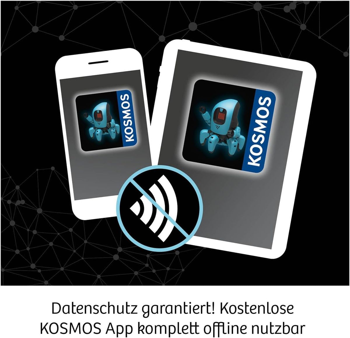 Die kostenlose KOSMOS-App auf Smartphone und Tablet, durchgestrichenes Funksymbol als Hinweis auf die vollständige Offline-Nutzung