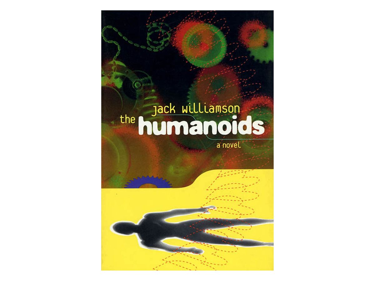 Buchcover „The Humanoids“ von Jack Williamson: rote und grüne Zahnräder auf schwarzem Grund, unten auf gelber Fläche die Silhouette eines liegenden Menschen
