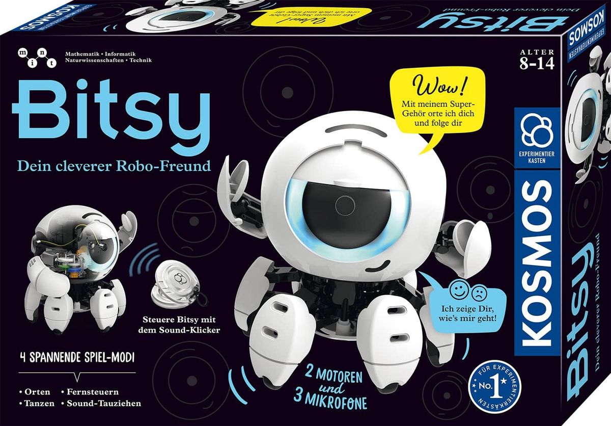 Verpackung des KOSMOS Bitsy mit dem weißen sechsbeinigen Roboter, blau leuchtendem Riesenauge und den Angaben 2 Motoren, 3 Mikrofone und Alter 8 bis 14