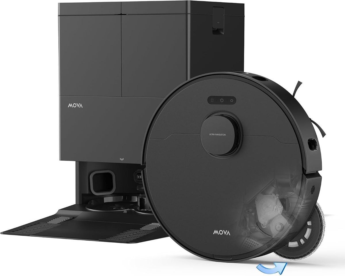 Der schwarze MOVA E50 Ultra mit teils transparent dargestelltem, ausfahrendem Wischmopp vor seiner schwarzen Absaug- und Waschstation.