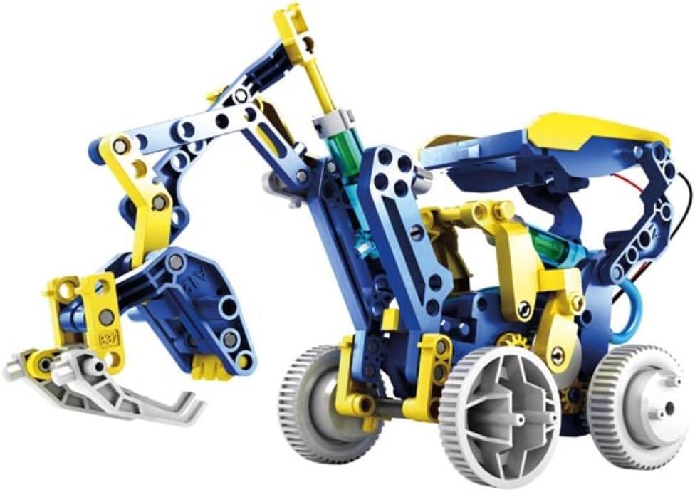 Blau-gelber Bagger aus dem Bausatz mit Greifschaufel, Hydraulikspritzen und Solarmodul auf dem Dach
