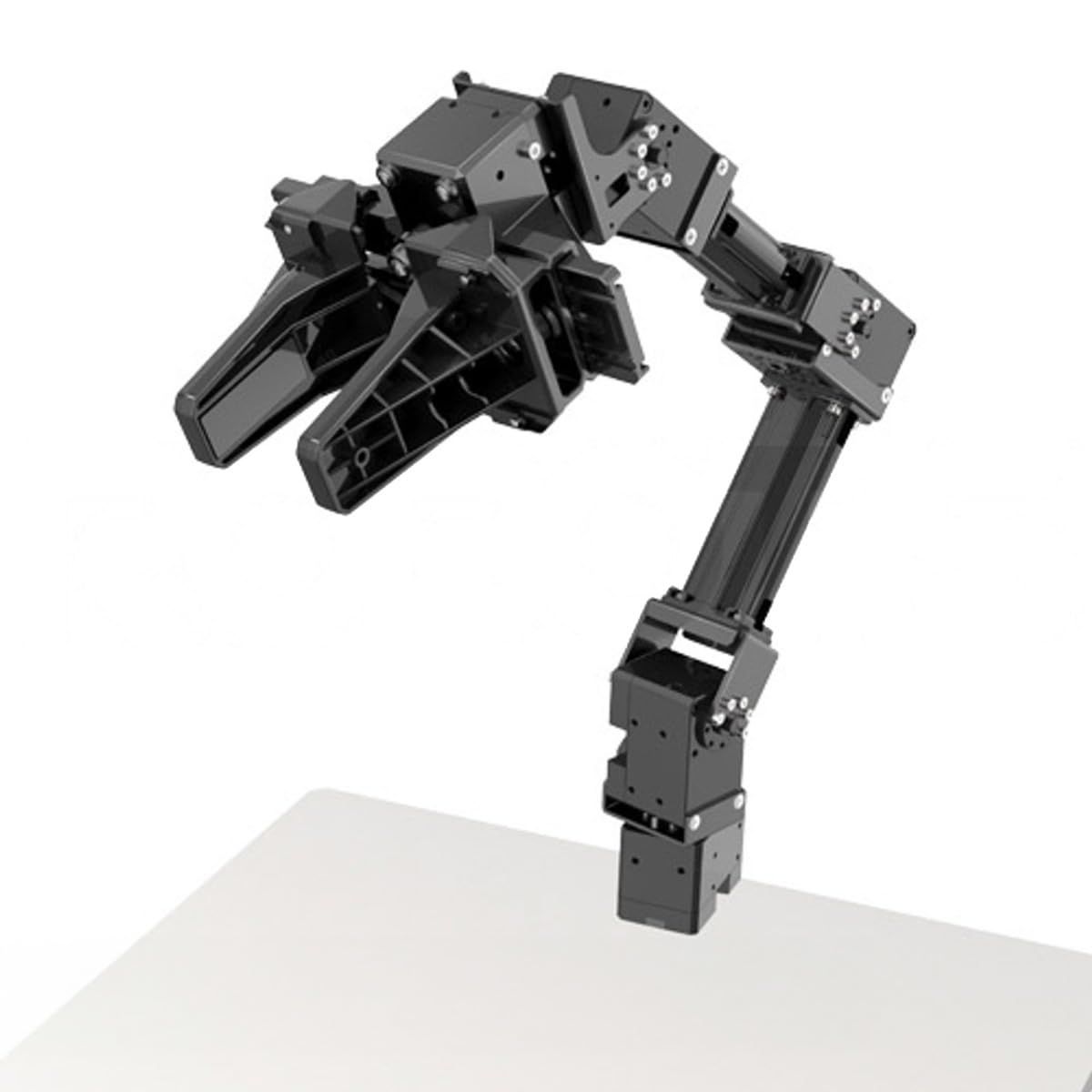 Schwarzer OpenMANIPULATOR-X-Roboterarm aus DYNAMIXEL-Servos und Aluminiumprofilen, nach vorn gebeugt mit geöffnetem Parallelgreifer, auf einer weißen Platte montiert.