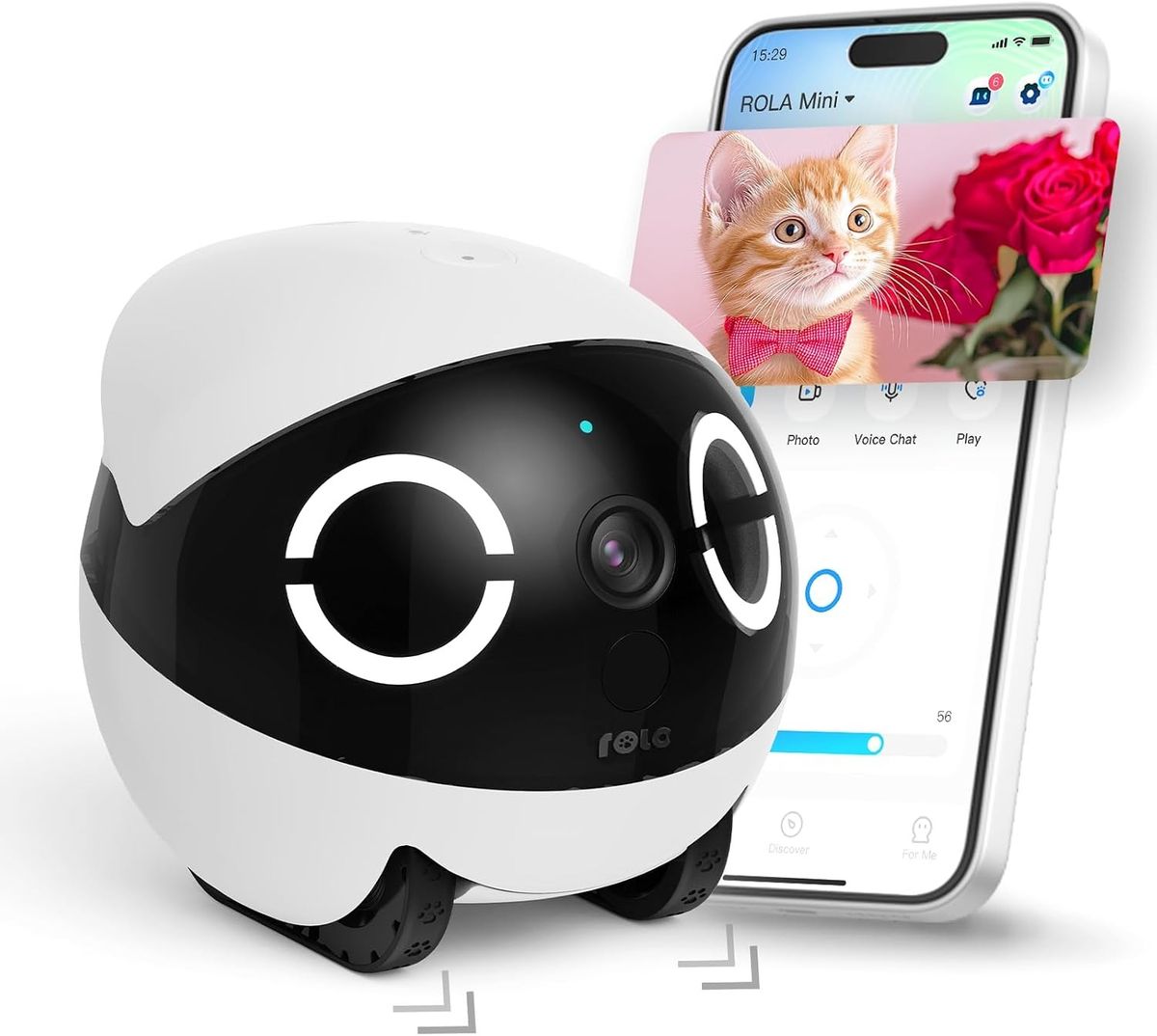 Enabot ROLA Mini mit runden weißen Leuchtaugen und Kettenantrieb vor einem Smartphone mit ROLA-App und Katzenbild.