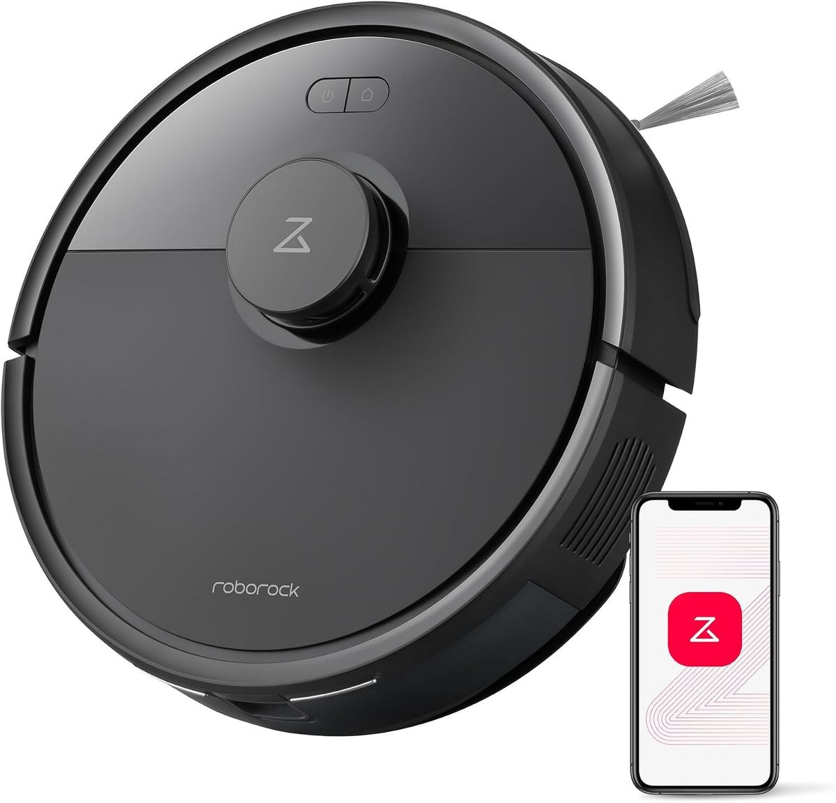 Draufsicht auf den schwarzen roborock Q7 L5 mit LiDAR-Turm, daneben ein Smartphone mit Roborock-App-Symbol.