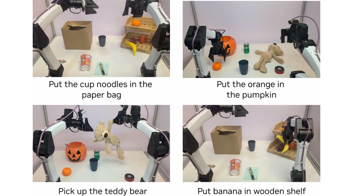 Vier Fotos eines zweiarmigen Tischroboters mit weißen Armen, schwarzen Gelenken und Kameras an den Handgelenken vor heller Stellwand: Auf dem Tisch stehen Papiertüte, Nudelbecher, Becher und ein Holzregal mit Obst; ein Greifer hält einen orangefarbenen Kürbis-Eimer, einer hebt einen Teddybären hoch, einer greift nach einer Banane im Regal; darunter englische Bildunterschriften mit den Aufgaben