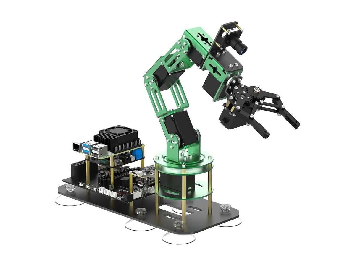 Grün eloxierter sechsachsiger Lernroboterarm DOFBOT mit schwarzem Greifer und Kamera auf einer Grundplatte mit Saugfüßen und Steuerplatinen.