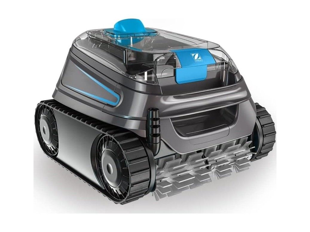 Der grau-blaue Kabel-Poolroboter mit transparentem Deckel und Raupenantrieb schraeg von vorn auf weissem Hintergrund.