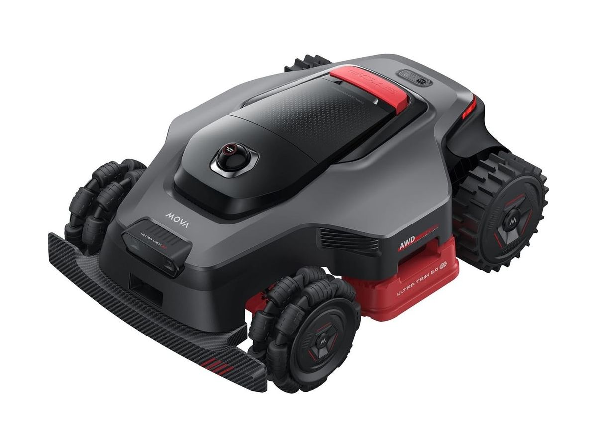 Grau-schwarzer MOVA LiDAX Ultra AWD in Schrägansicht mit LiDAR-Kuppel, rotem Stopp-Deckel, Carbon-Stoßfänger, Omni-Vorderrädern und rotem UltraTrim-2.0-Modul.