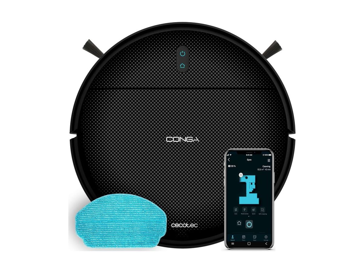 Der schwarze Conga M10 X-Treme von oben mit einem türkisfarbenen Wischtuch und einem Smartphone mit geöffneter Conga-App.