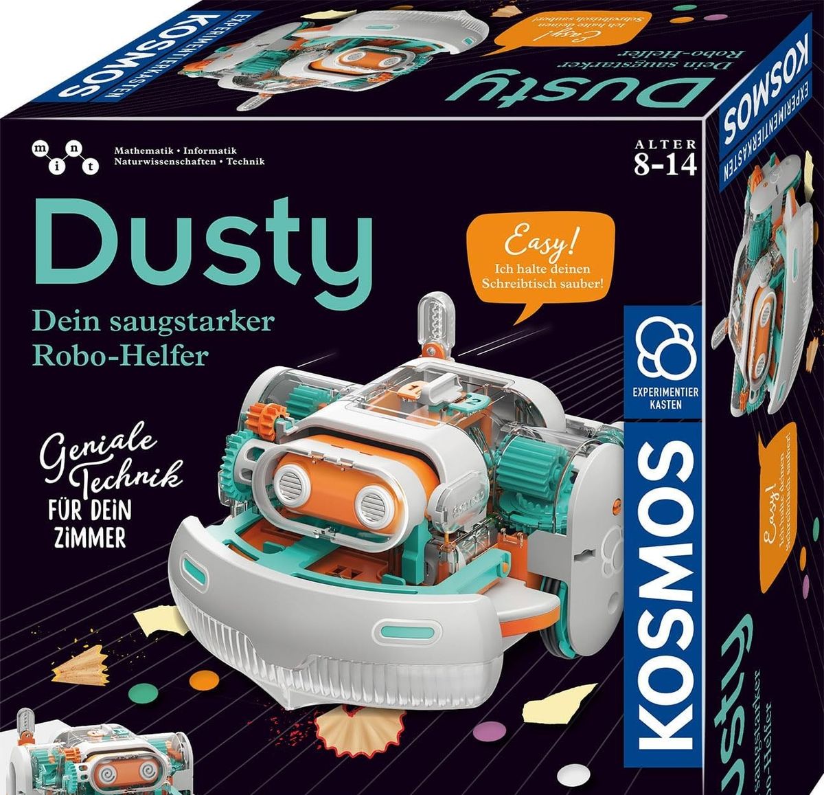 Schwarze KOSMOS-Packung 'Dusty - Dein saugstarker Robo-Helfer' mit Altersangabe 8-14 und Abbildung des weiß-türkisen Saugroboters mit orangefarbenen Augen.